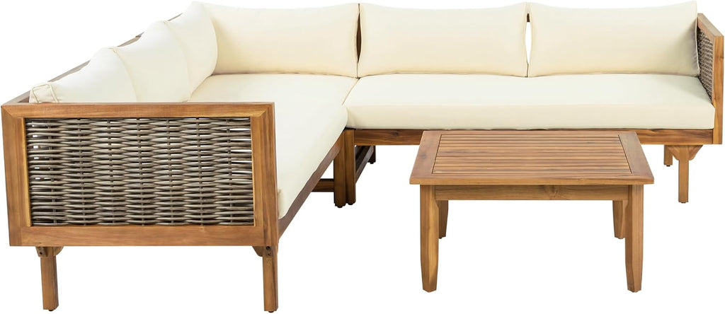 Christopher Knight Home Tenntt 5-Seater Acacia Wood Patio Furniture Set, Outdoor Conversation Sofa Chat Set with Coffee Table, Wicker Arm, Sectional Seating Group for Backyard Balcony, Teak+Beige