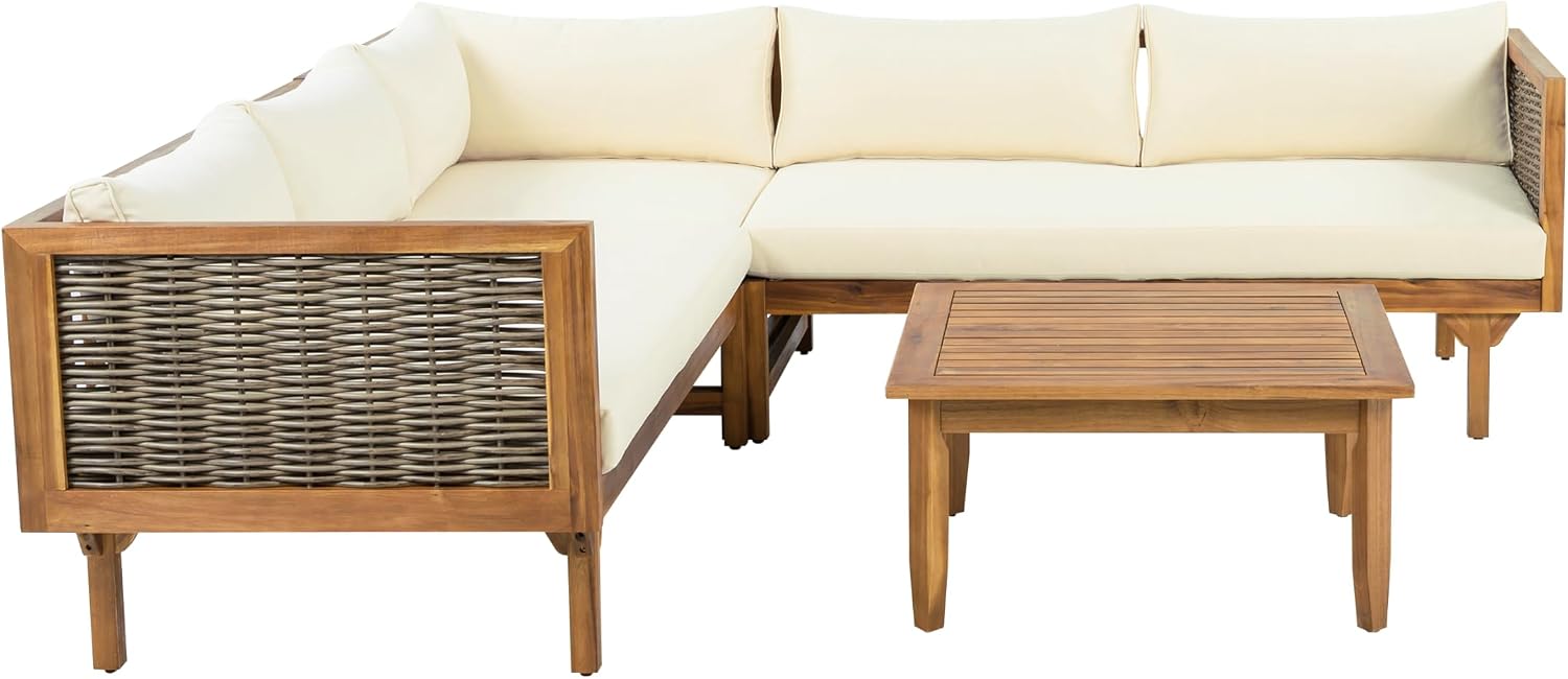 Christopher Knight Home Tenntt 5-Seater Acacia Wood Patio Furniture Set, Outdoor Conversation Sofa Chat Set with Coffee Table, Wicker Arm, Sectional Seating Group for Backyard Balcony, Teak+Beige