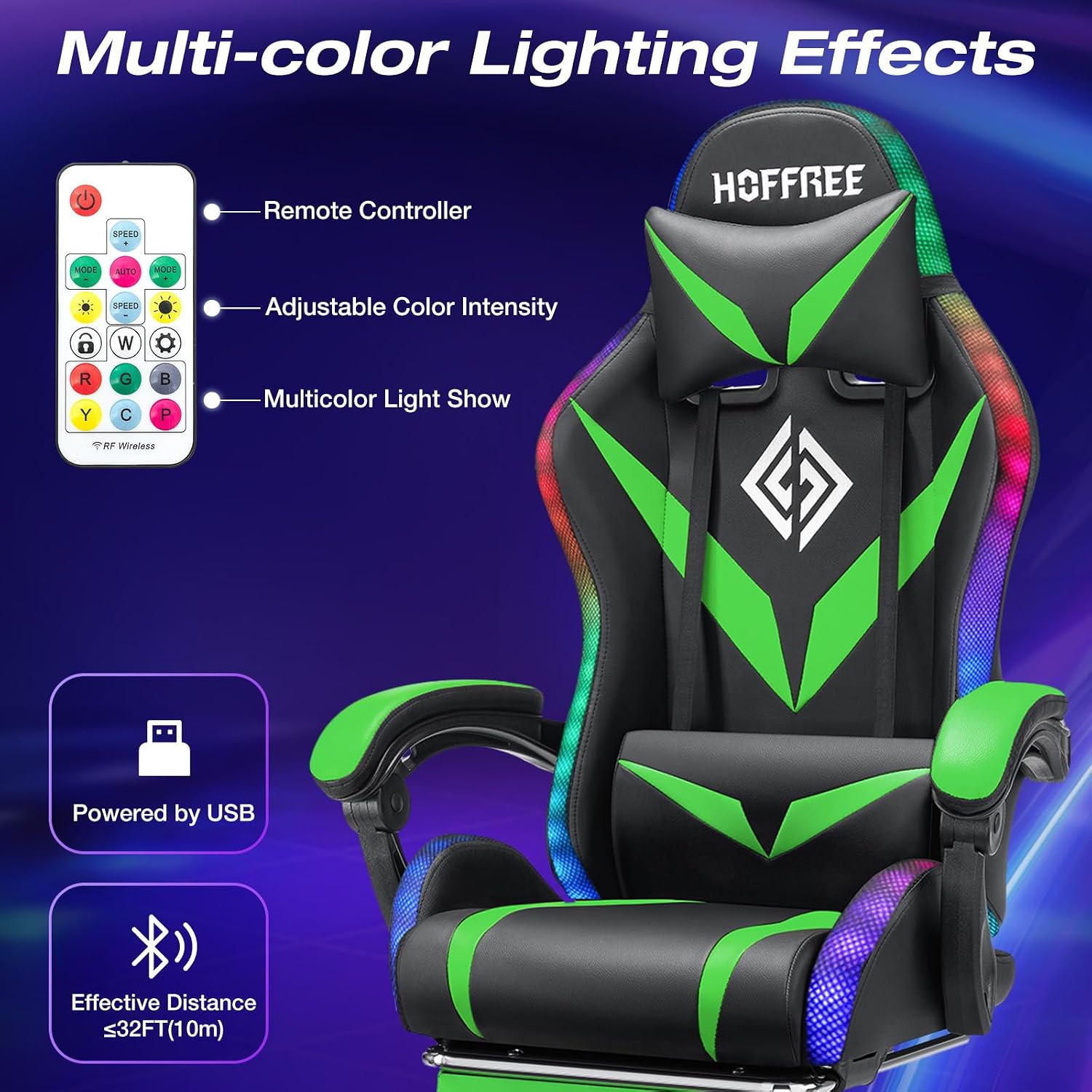 HOFFREE Gaming Chair with LED RGB Lights Massage Ergonomic Video Game Chairs with Footrest High Back Reclining Computer Chair with Adjustable Lumbar Support Green and Black