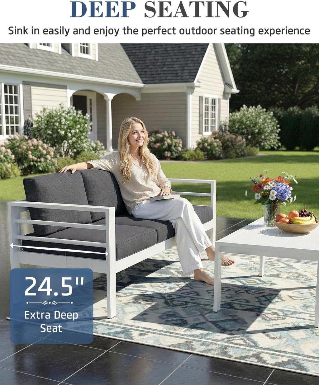 AECOJOY Aluminum Patio Furniture Armchair with Ottoman, Set of 2, Modern Outdoor Furniture with Washable 5 inch Thick Cushion, Dark Gray Cushion