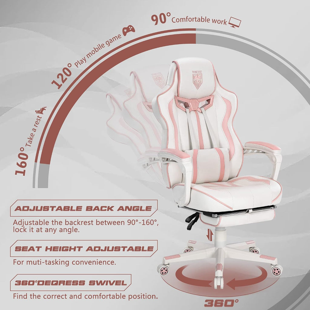 Vonesse Gaming Chair for Girls, Pink Computer Gaming Chairs for Adults, Reclining Gamer Chair with Footrest with Massage, Ergonomic Home Office Chair High Back (White/Pink)