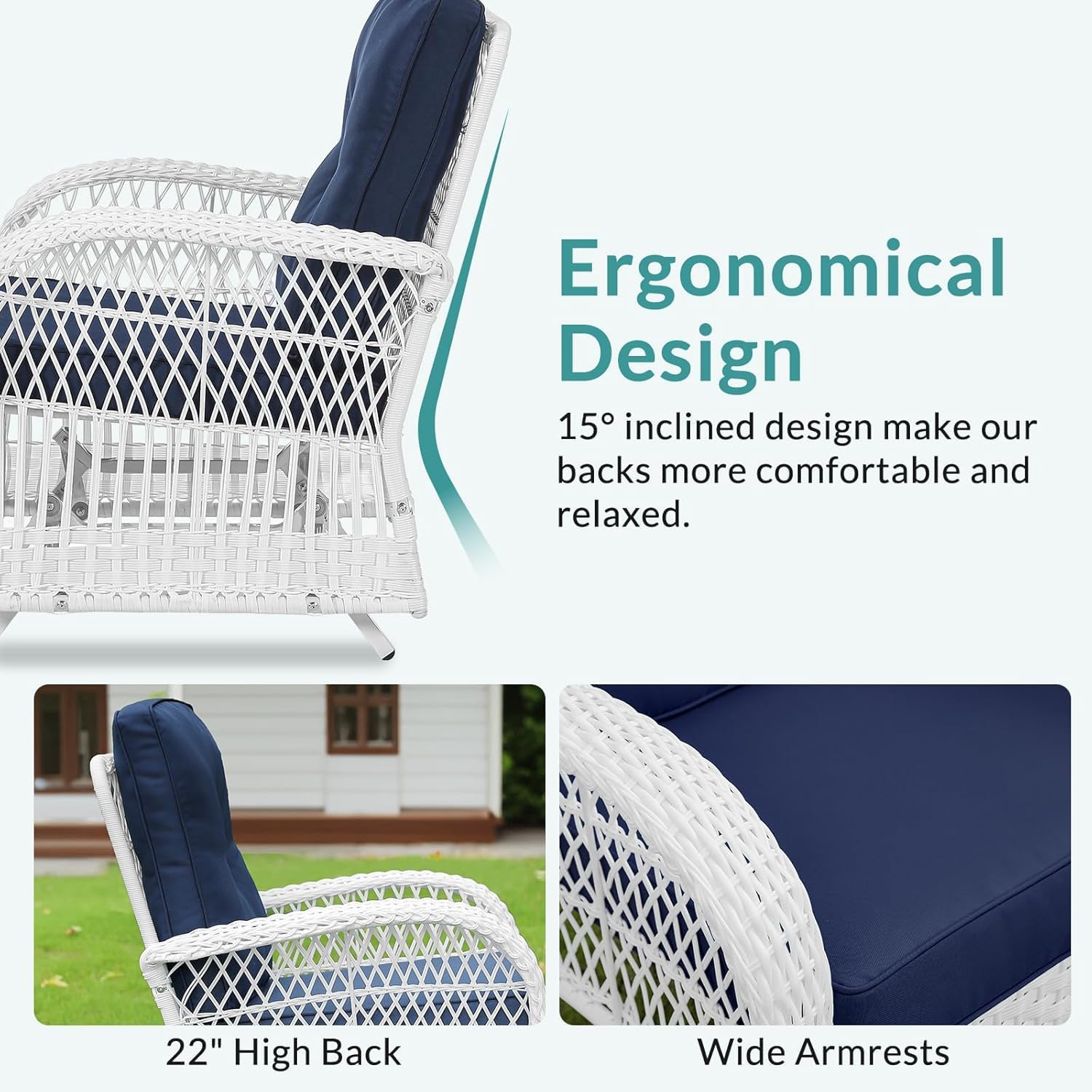 MEETWARM Patio Wicker Rocking Glider Set, All-Weather Outdoor Rattan Patio Rocking Chairs of 2, Patio Conversation Set with Thickened Cushions for Porch Backyard & Garden, White Wicker/Navy