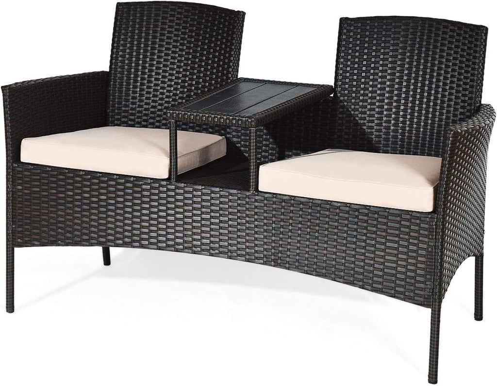 COSTWAY 2-Seat Patio Conversation Sets, Outdoor Patio Loveseat Set with Removable Cushions & Built-in Coffee Table for Backyard, Garden, Lawn, Balcony, Brown+Beige
