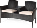COSTWAY 2-Seat Patio Conversation Sets, Outdoor Patio Loveseat Set with Removable Cushions & Built-in Coffee Table for Backyard, Garden, Lawn, Balcony, Brown+Beige