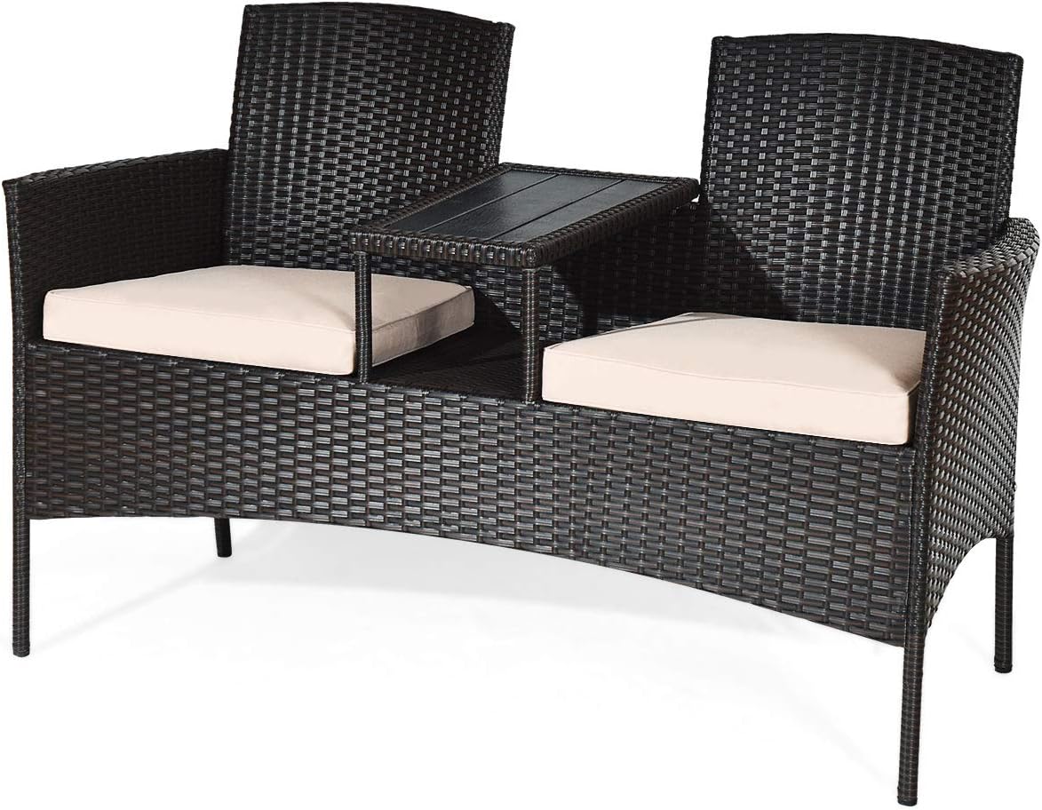 COSTWAY 2-Seat Patio Conversation Sets, Outdoor Patio Loveseat Set with Removable Cushions & Built-in Coffee Table for Backyard, Garden, Lawn, Balcony, Brown+Beige