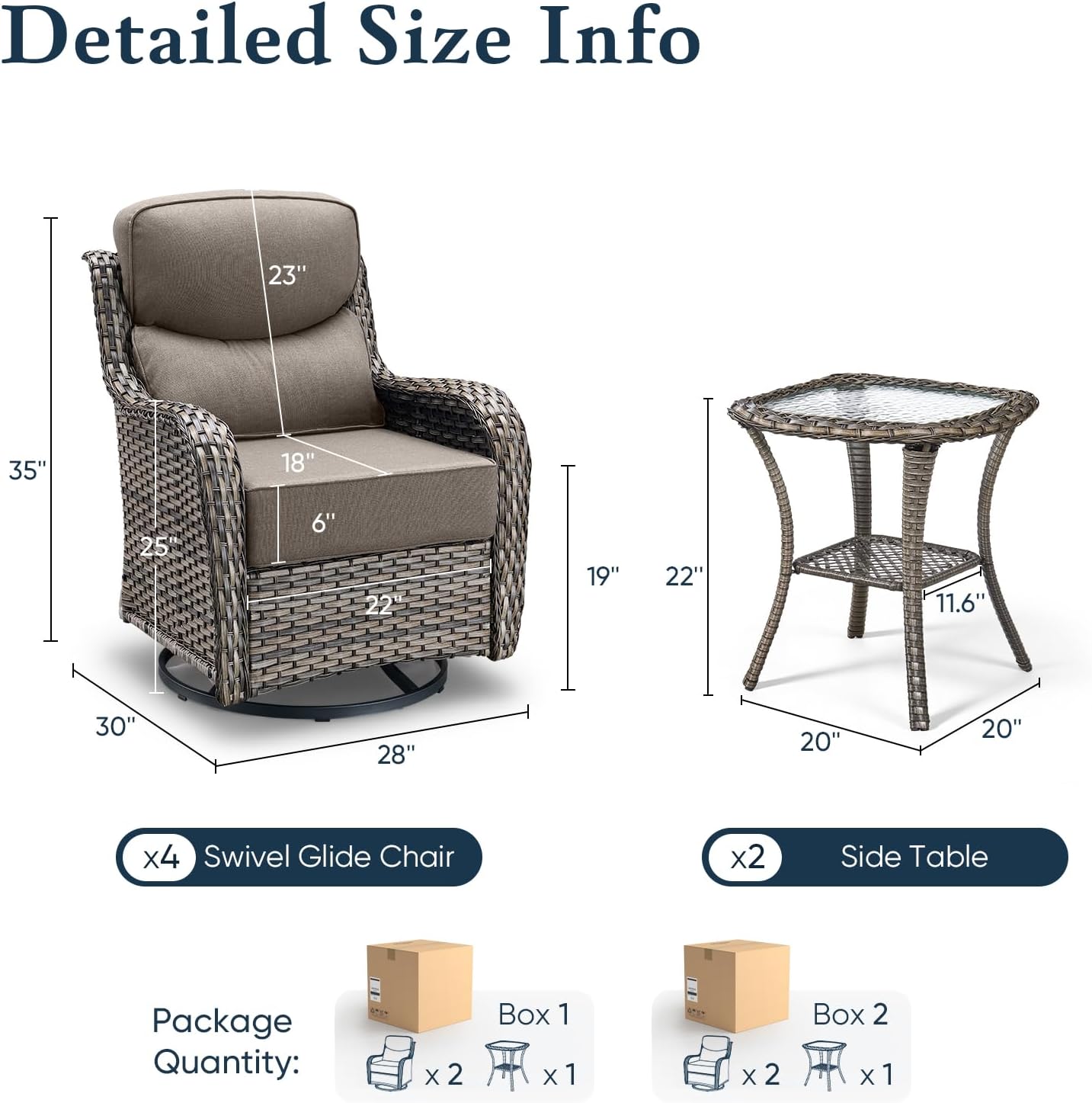 Belord Luxury 6' Thick Cushioned Outdoor Swivel Rocker Patio Chairs Set of 4 with Side Table, High Back Wicker Furniture Set with Ergonomic Zone Back, Conversation Set for Deck Porch - Grey+Grey