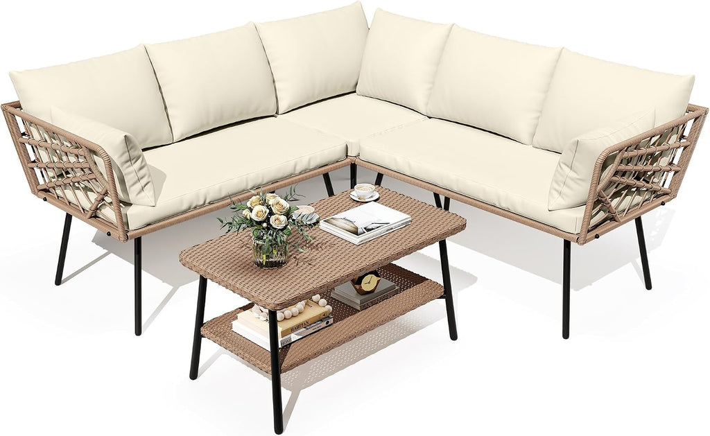 DWVO Outdoor Sectional Sofa 4 Piece 5-Seater Rattan Patio Furniture Set with 2-Tier Coffee Table&Cushions L Shape Couch Boho Conversation Sets for Garden Porch Backyard Relaxation