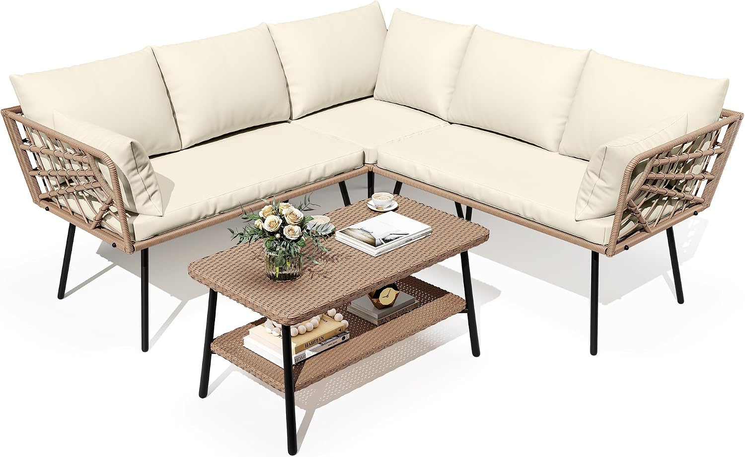 DWVO Outdoor Sectional Sofa 4 Piece 5-Seater Rattan Patio Furniture Set with 2-Tier Coffee Table&Cushions L Shape Couch Boho Conversation Sets for Garden Porch Backyard Relaxation