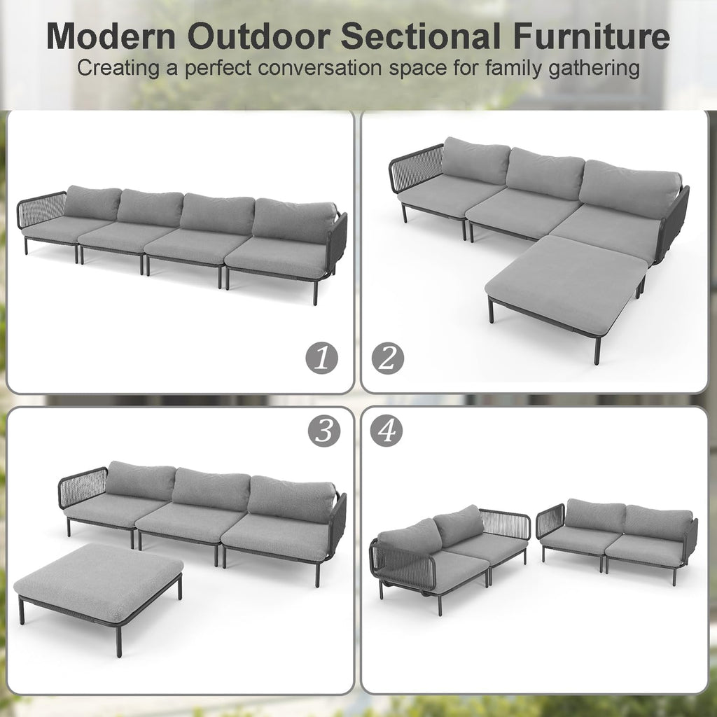 4 Piece Modern Outdoor Sectional Sofa, 31' Oversized Patio Furniture Set with Olefin Woven Rope, Weather-Resistant Metal Frame and Removable Cushion, Dark Grey
