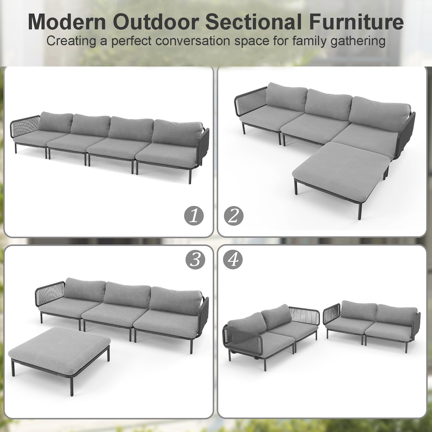 4 Piece Modern Outdoor Sectional Sofa, 31' Oversized Patio Furniture Set with Olefin Woven Rope, Weather-Resistant Metal Frame and Removable Cushion, Dark Grey