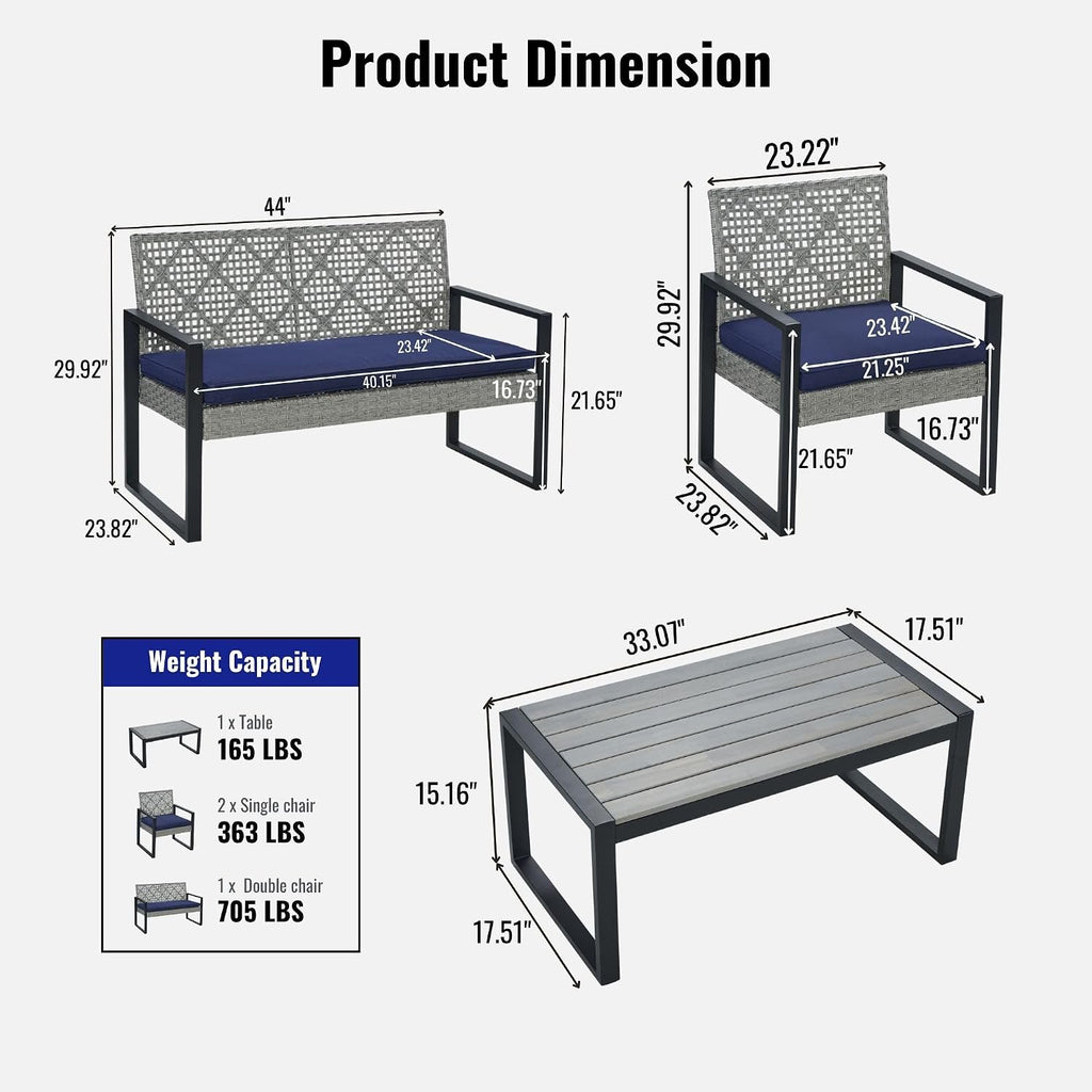 Merax 4 Pcs Patio Furniture Set, Outdoor Acacia Wood Table with 3 Chairs, All-Weather Garden Balcony Backyard Lawn Conversation Set (Blue Cushion and Light Gray Rattan)