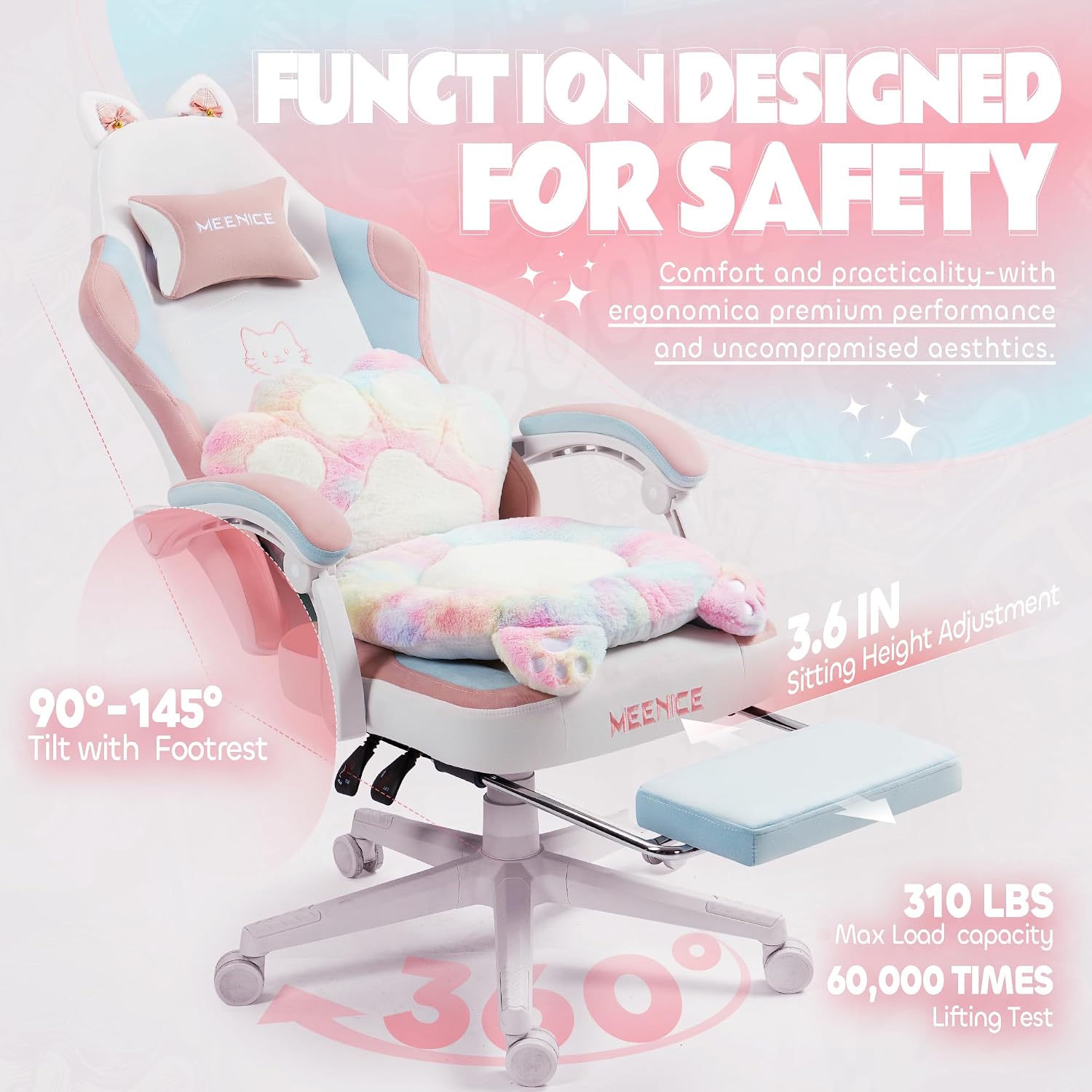 Gaming Chair Cute with Cat Ears Paw Lumbar and Cushion,Ergonomic Computer Chair with Footrest,Reclining PC Game Chair for Girl Computer Chair 300lbs for Adult Colours