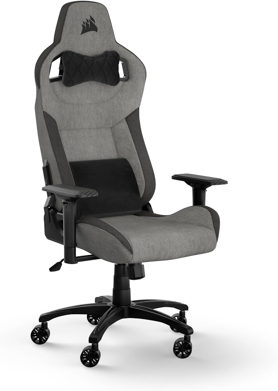 Corsair T3 Rush Fabric Gaming Chair (2023) – Racing-Inspired Design – Soft Fabric Exterior – Padded Neck Cushion – Memory Foam Lumbar Support – Adjustable Seat Height – Gray and Charcoal
