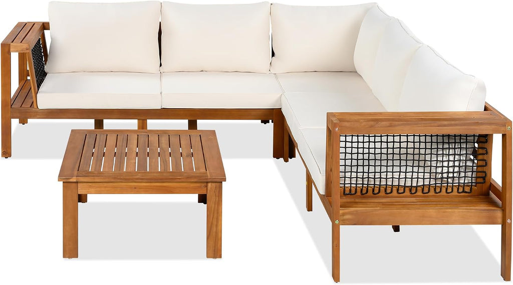 4 Piece Outdoor Patio Furniture Set, L-Shaped Patio Sofa Set with Coffee Table and Woven Mesh Armrests, All-Weather Conversation Seat with Cushions and Side Table (Beige+Brown)