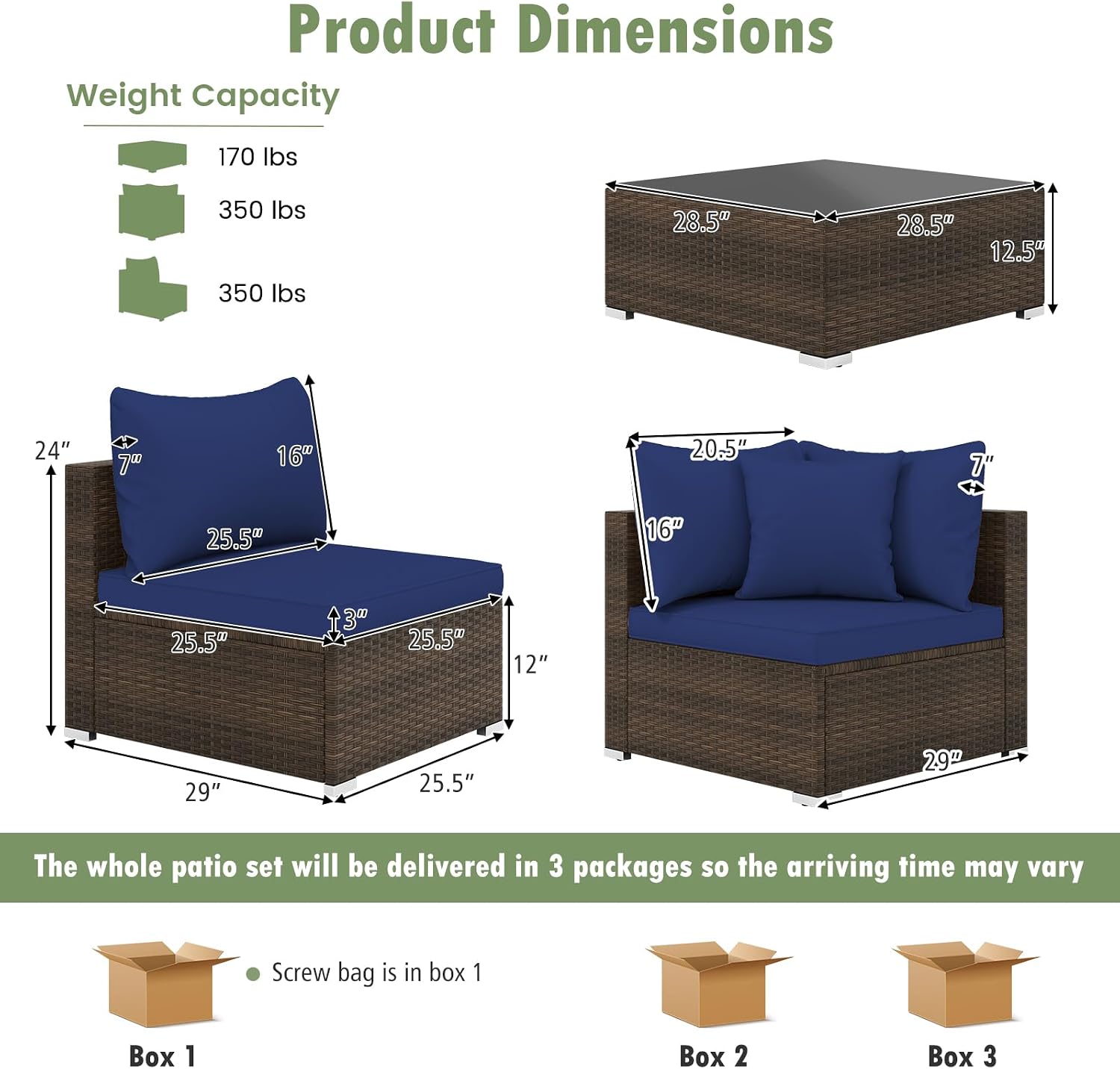 Tangkula 7 Piece Patio Wicker Furniture Set, Outdoor Rattan Sectional Sofa Set for 6 with Seat & Back Cushions, 2 Throw Pillows, Sofa Fastener Clips, for Backyard, Poolside, Deck (Mix Brown+Navy)