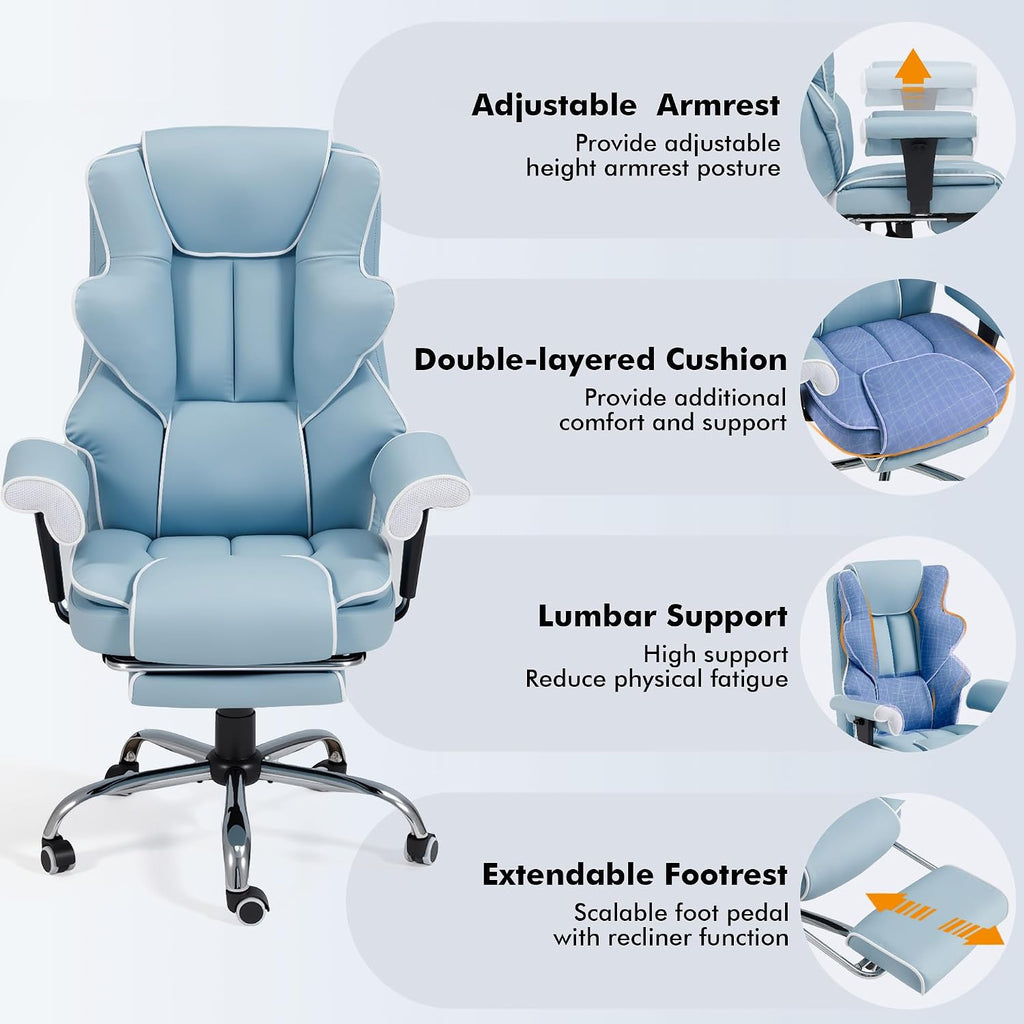 HOMREST 6-Point Massage Executive Chair,Heat Office Chair,Ergonomic Home Office Desk Chairs with Retractable Footrest and Reclining Function,Leather Computer Chair with Adjustable Armrest(‌Airy Blue)