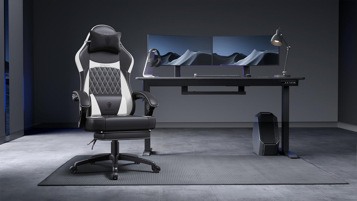 Dowinx Gaming Chair with Pocket Spring Cushion, Ergonomic Computer Chair with Massage Lumbar and Footrest for Adults, High Back Game Chair Leather for Office Gaming 300LBS, New White