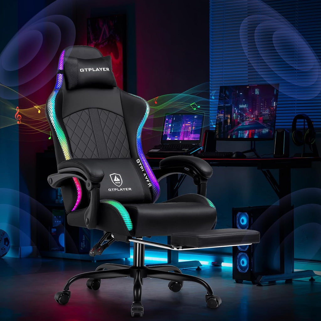 GTPLAYER RGB Gaming Chair with Speakers, Computer Gamer Chair with Footrest and LED Lights, PC Gamer Chairs for Adults, High Back Reclining Office Chairs, Linkage Armrest (Black, with Speakers)