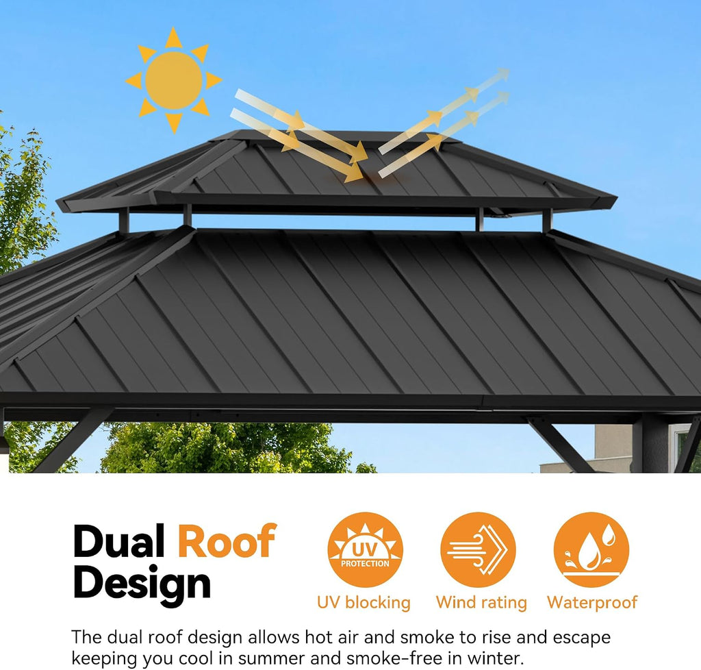 Modern Shade The Horizon Hardtop Gazebo 10' x 12' with 4 LED Lights, Permanent Outdoor Gazebo with Galvanized Steel Double Roof, Grill Pavilion with Decor Hooks, Mosquito Nettings, Black