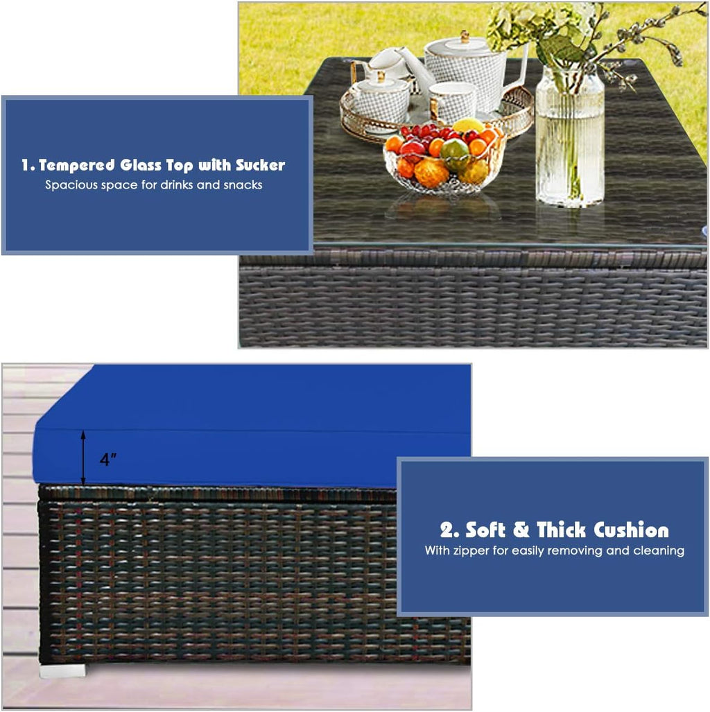 COSTWAY 5-Piece Outdoor Patio Furniture Set, Glass Top Coffee Table and Lounge Sofa with Cushions, PE Rattan Conversation Set for Garden, Deck, Backyard (Navy)