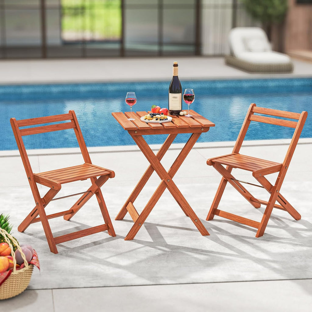 Tangkula 3 Pieces Solid Wood Patio Bistro Set with 2 Folding Chairs, Outdoor Table and Chairs Set, Balcony Furniture Set, Small Patio Set for Porch, Deck, Garden and Backyard