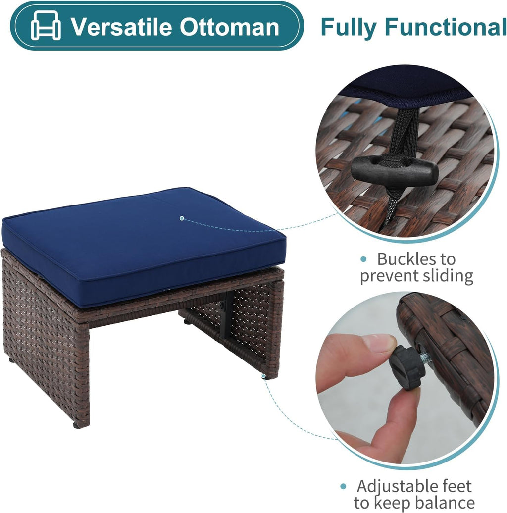 OC Orange-Casual 5 Pcs Patio Conversation Set Balcony Furniture Set with Cushions, Brown Wicker Chair with Ottoman, Storage Table for Backyard, Garden, Porch, Blue