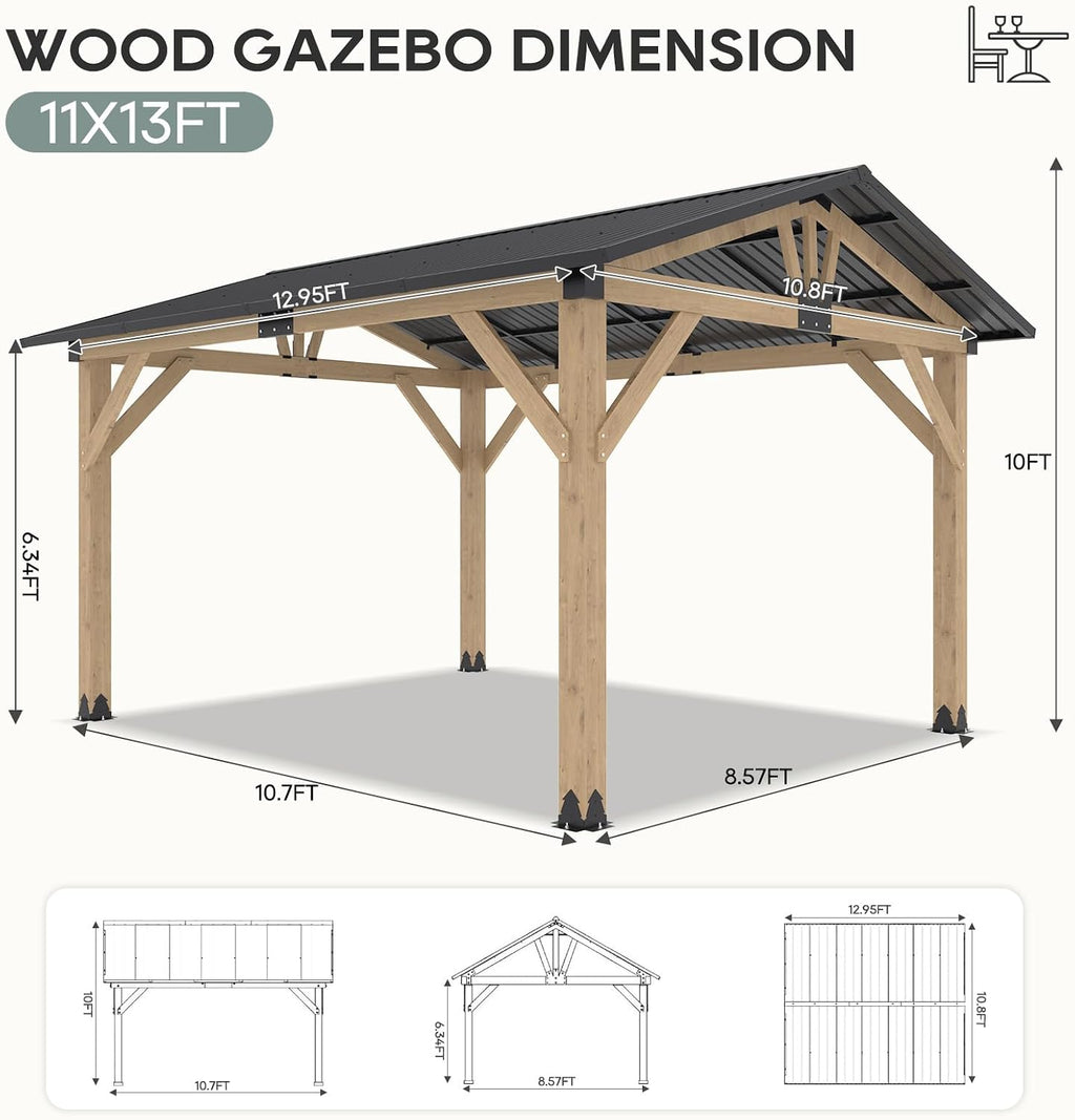 11'x13' Outdoor Patio Wooden Gazebo - Cedar Solid Wood Gazebo with Galvanized Steel Roof, Wooden Frame, Pavilion for Lawns, Beach, Patio, Garden (11X13FT)