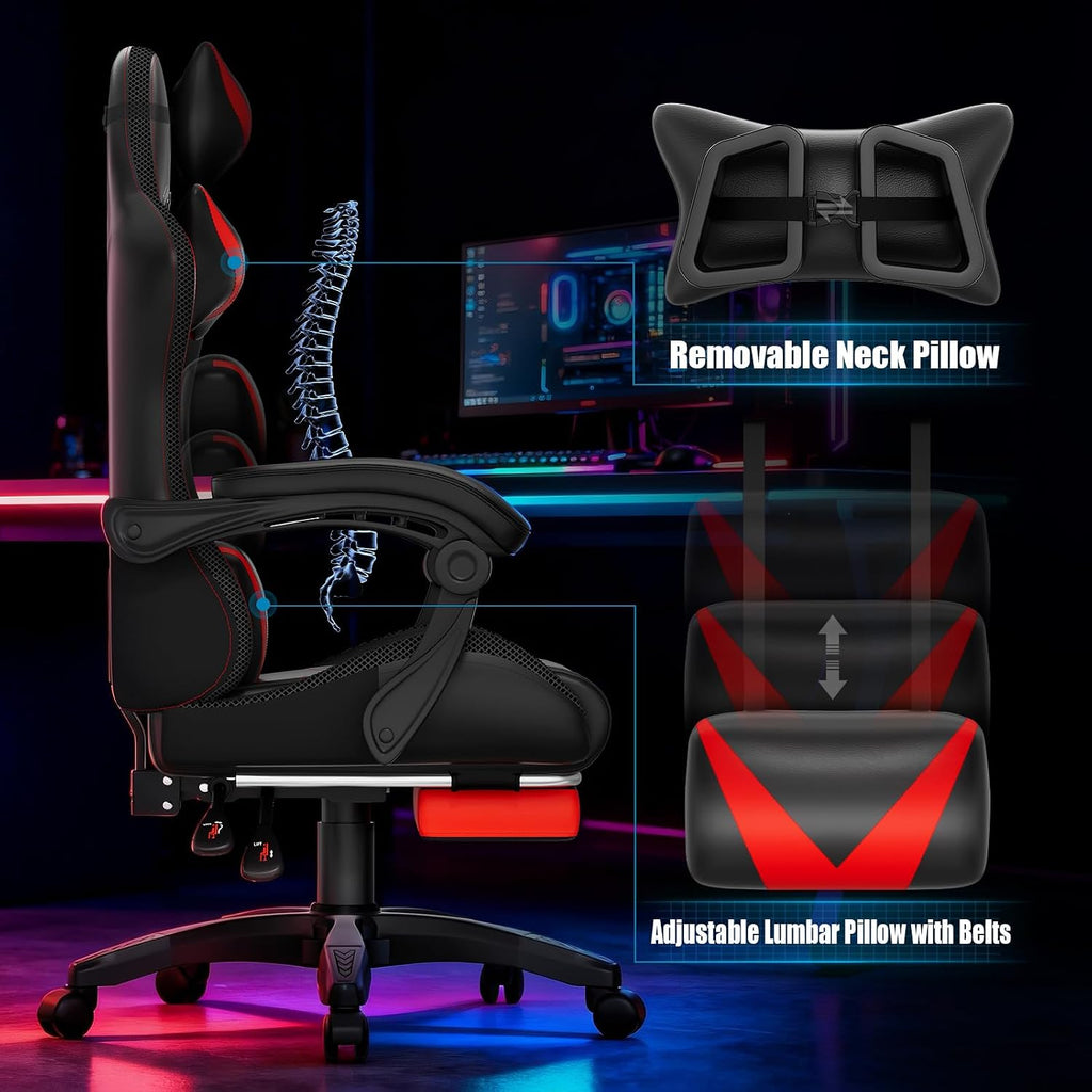 Czlolo Gaming Chair, RGB LED Lights Computer Chair with Footrest, Lumbar Support Massager Gamer Chair, High Back, 90-135° Reclining, Linkage Armrests, Red