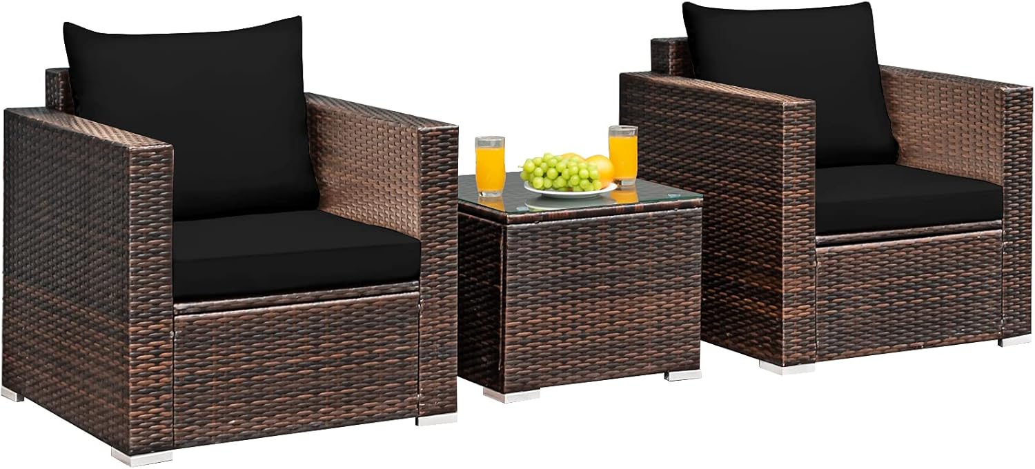 Tangkula 3 Pieces Patio Furniture Set, Outdoor Conversation Rattan Furniture Set w/Washable Cushion and Tempered Glass Tabletop, PE Rattan Wicker Sofa Set for Garden Poolside Balcony