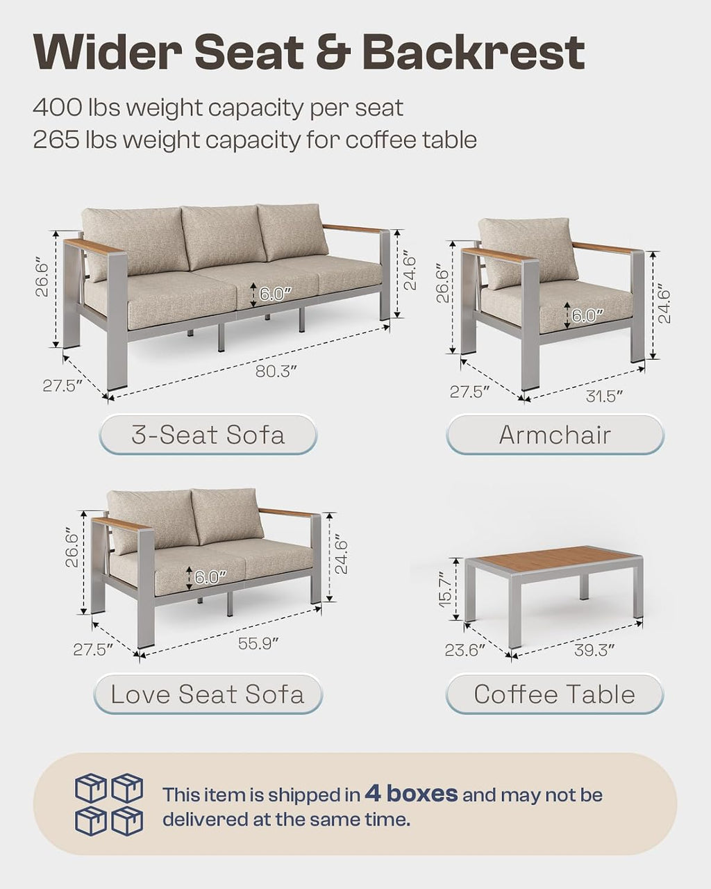 Aluminum Outdoor Patio Furniture Armchair, All-Weather Outdoor Patio Sofa with Washable Thick Cushion, Patio Sofa Couch Set of 2 for Porch, Balcony, Deck, Yard, Silver