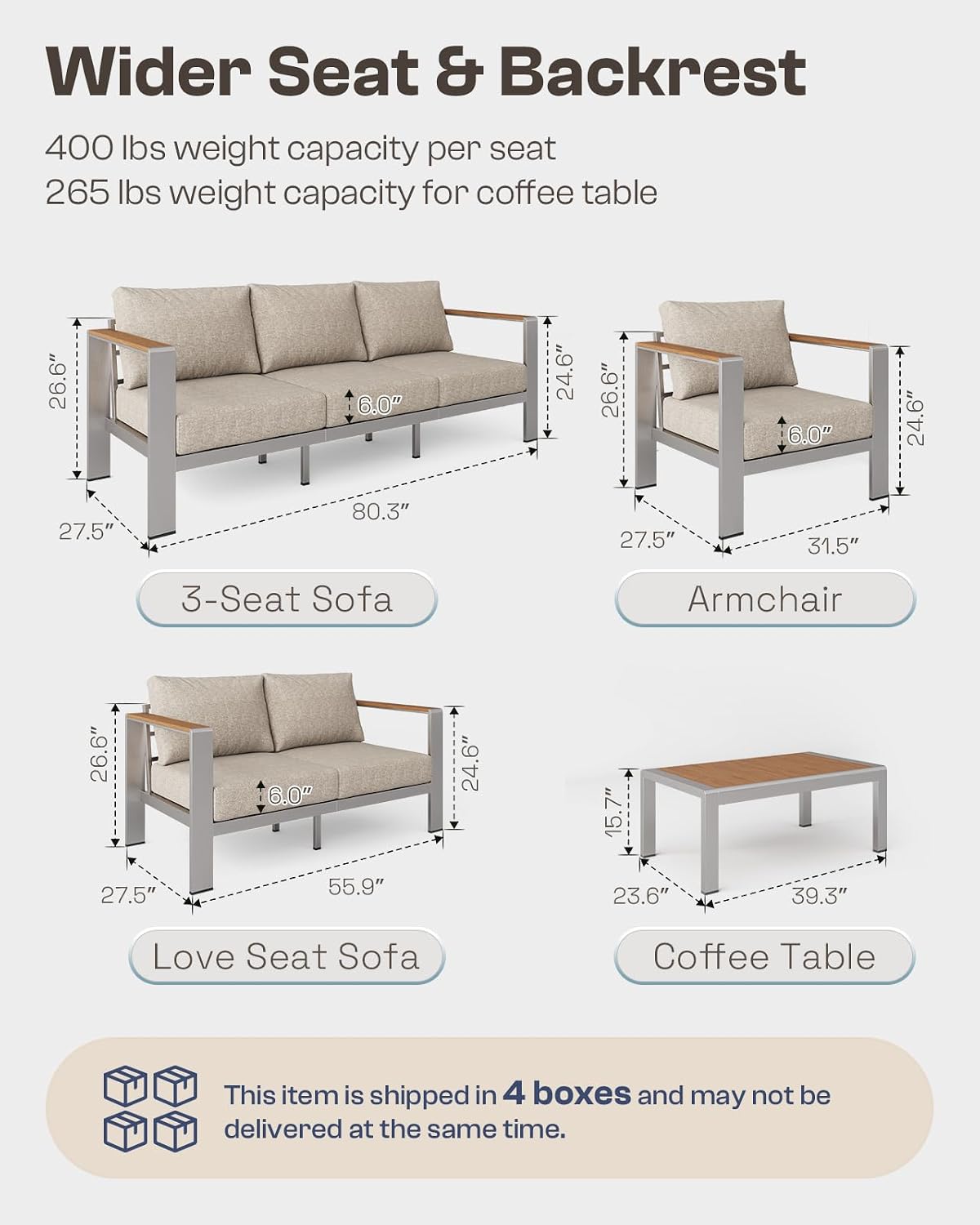 Aluminum Outdoor Patio Furniture Armchair, All-Weather Outdoor Patio Sofa with Washable Thick Cushion, Patio Sofa Couch Set of 2 for Porch, Balcony, Deck, Yard, Silver