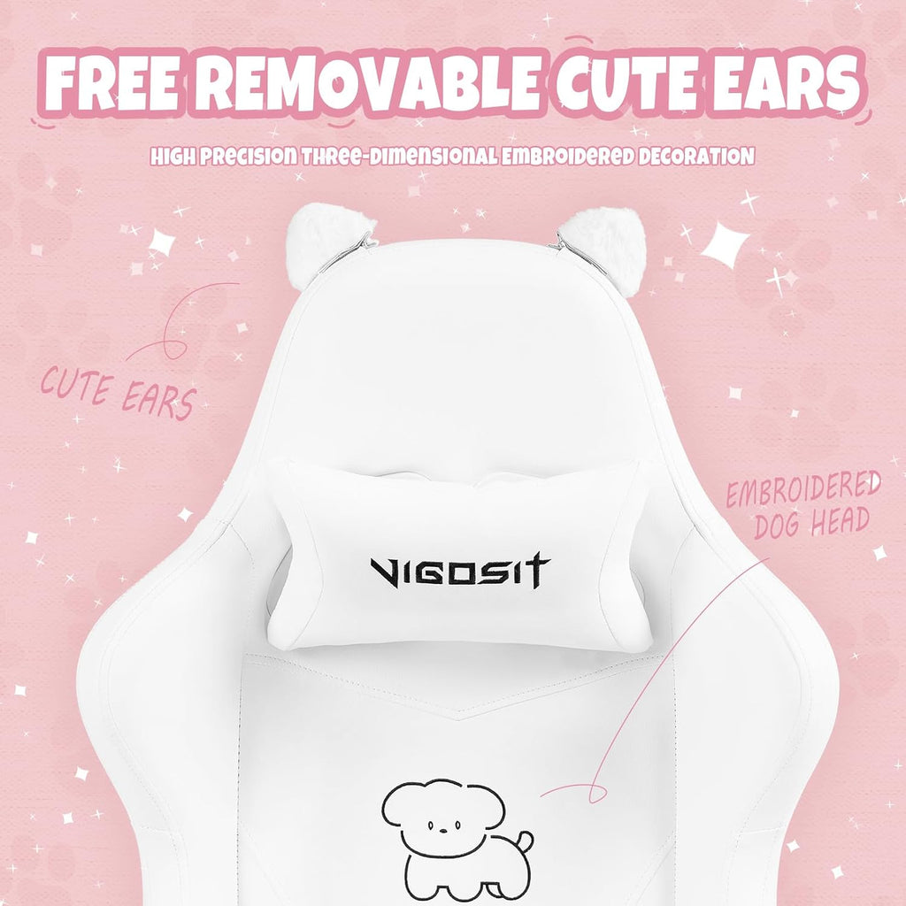 Vigosit Cute Cat Gaming Chair with Paw Lumbar Cushion, PC Video Gamer Chair for Girl Teen Woman (White)