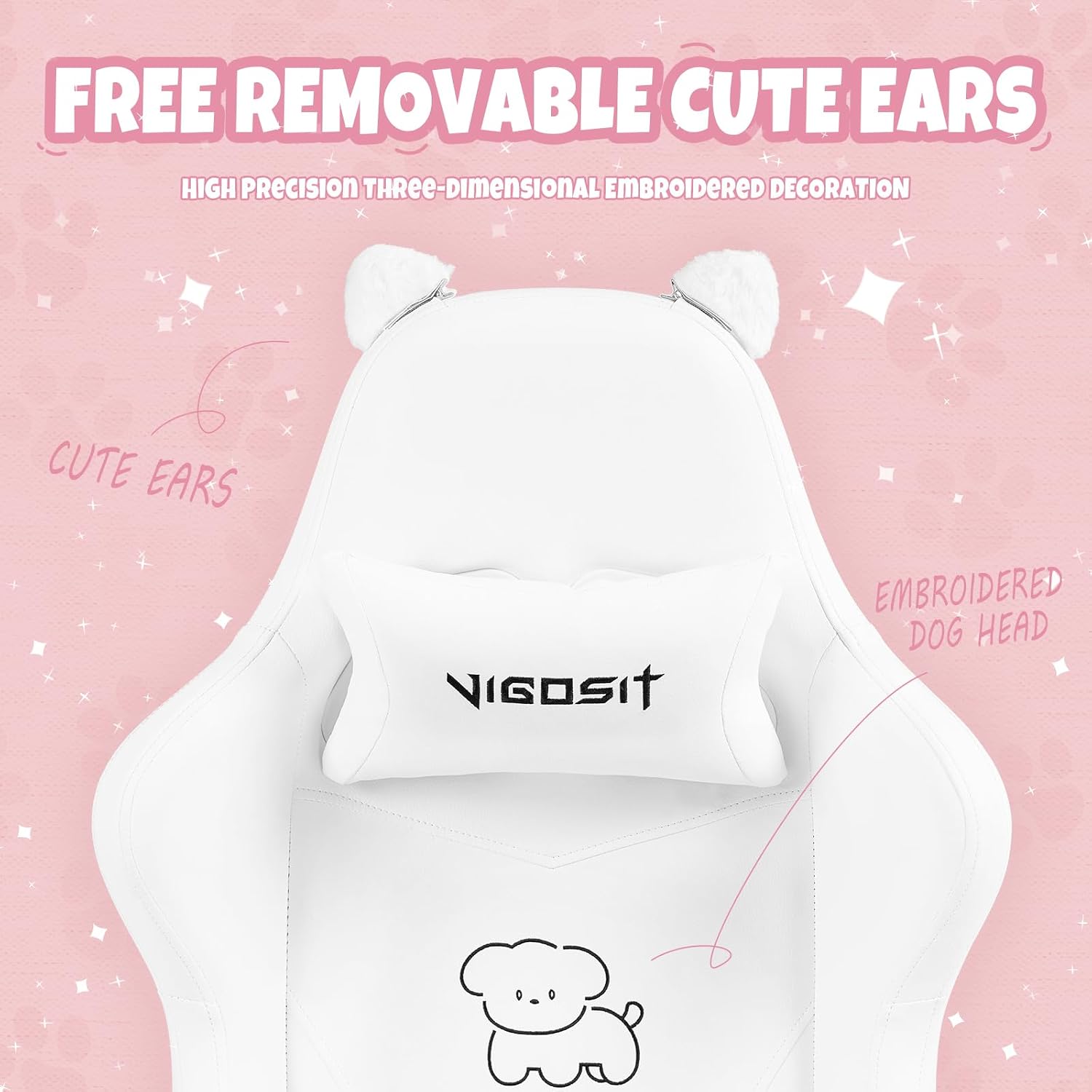 Vigosit Cute Cat Gaming Chair with Paw Lumbar Cushion, PC Video Gamer Chair for Girl Teen Woman (White)