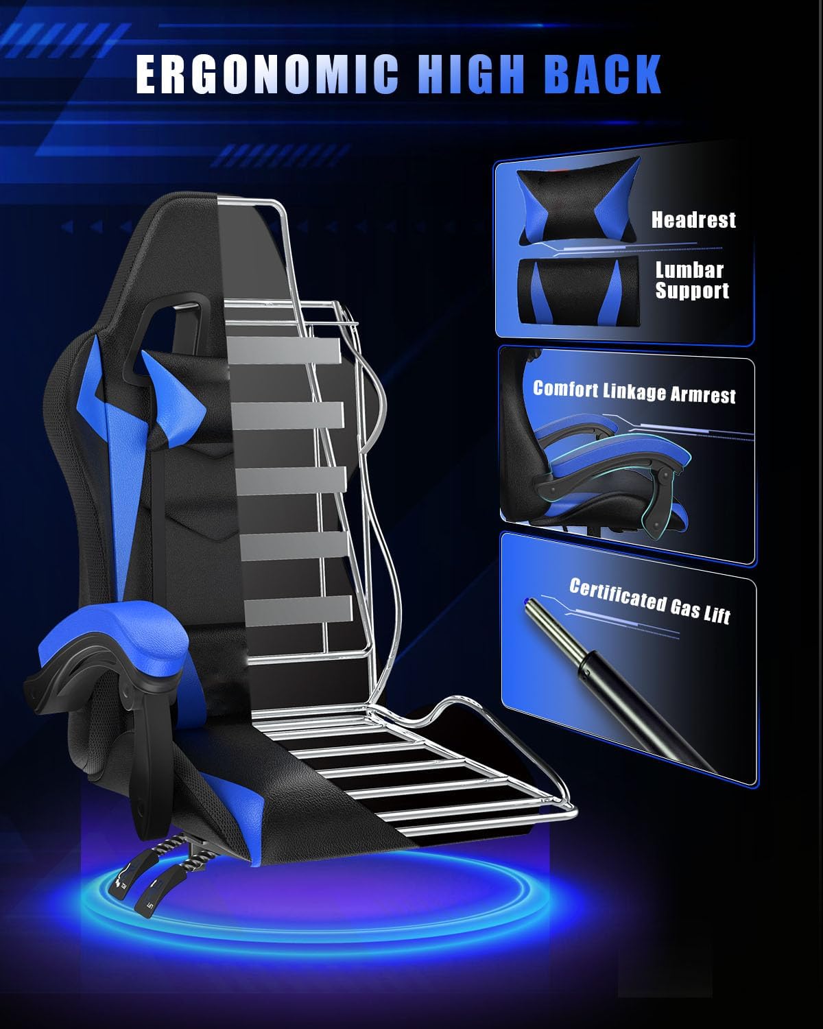 Racingreat Gaming Chair with RGB LED Lights, Ergonomic Computer Chair with Headrest and Lumbar Support, PU Leather High Back Height Adjustable Swivel Video Game Chairs for Adults(Blue)
