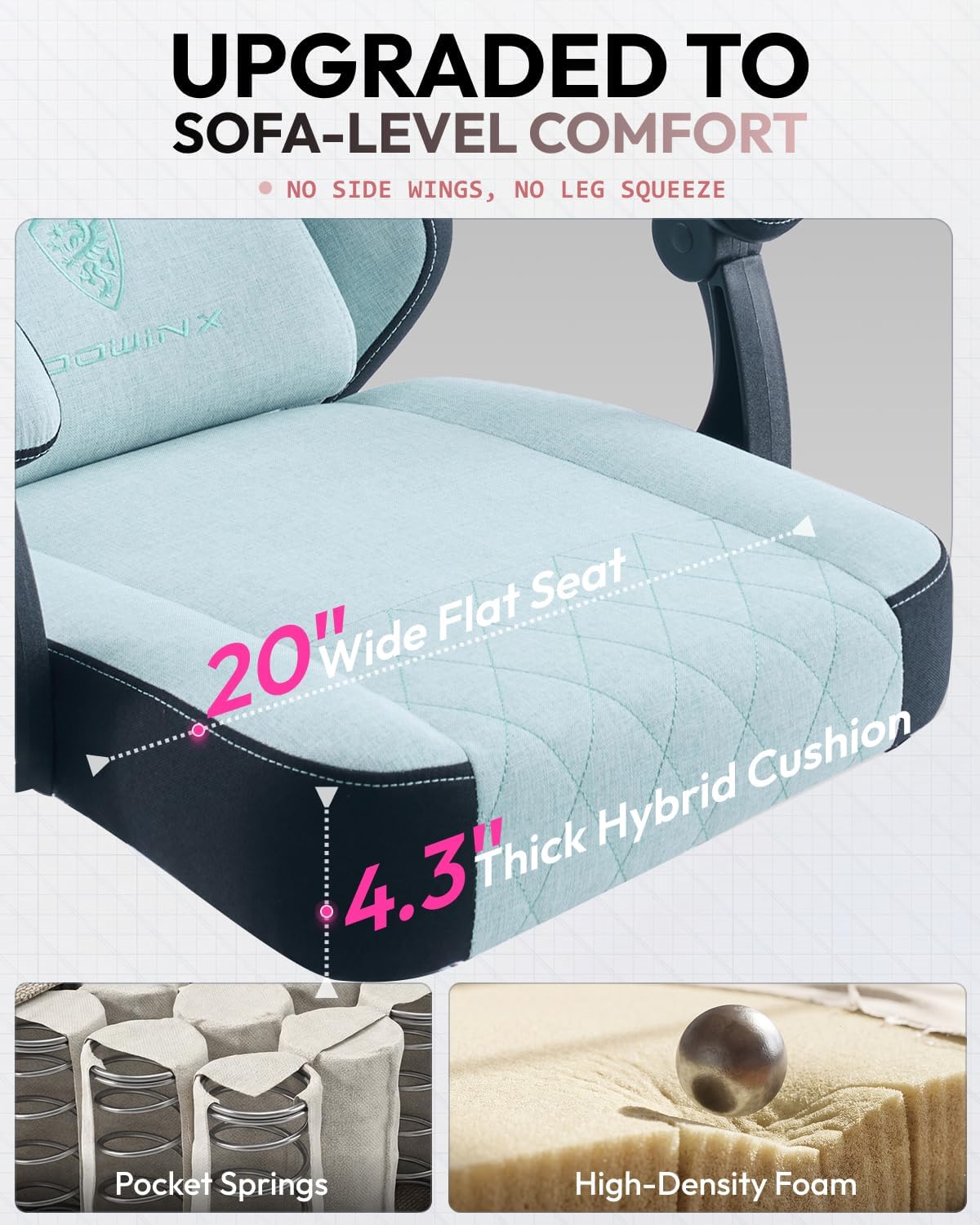 Dowinx Gaming Chair, Fabric Gaming Chairs for Adults with Pocket Spring Cushions and Lumbar Support, Ergonomic Massage Computer Chair with Footrest for Big and Tall, Aqua