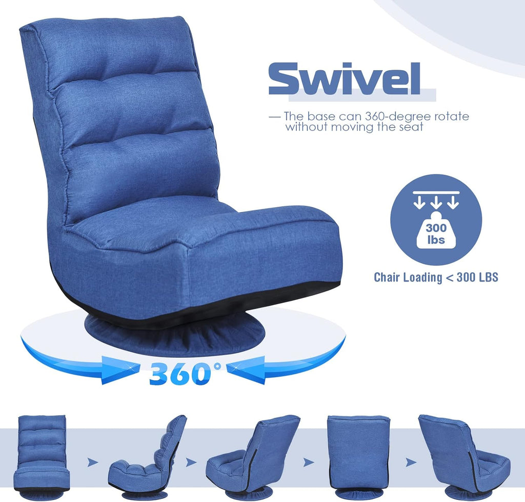 COSTWAY Folding Floor Chair, Adjustable 5-Position Video Gaming Chair with 360 Degree Swivel, Detachable Cover, Padded Backrest, Multipurpose Living Room Floor Lounger for TV, Reading, Playing (Navy)