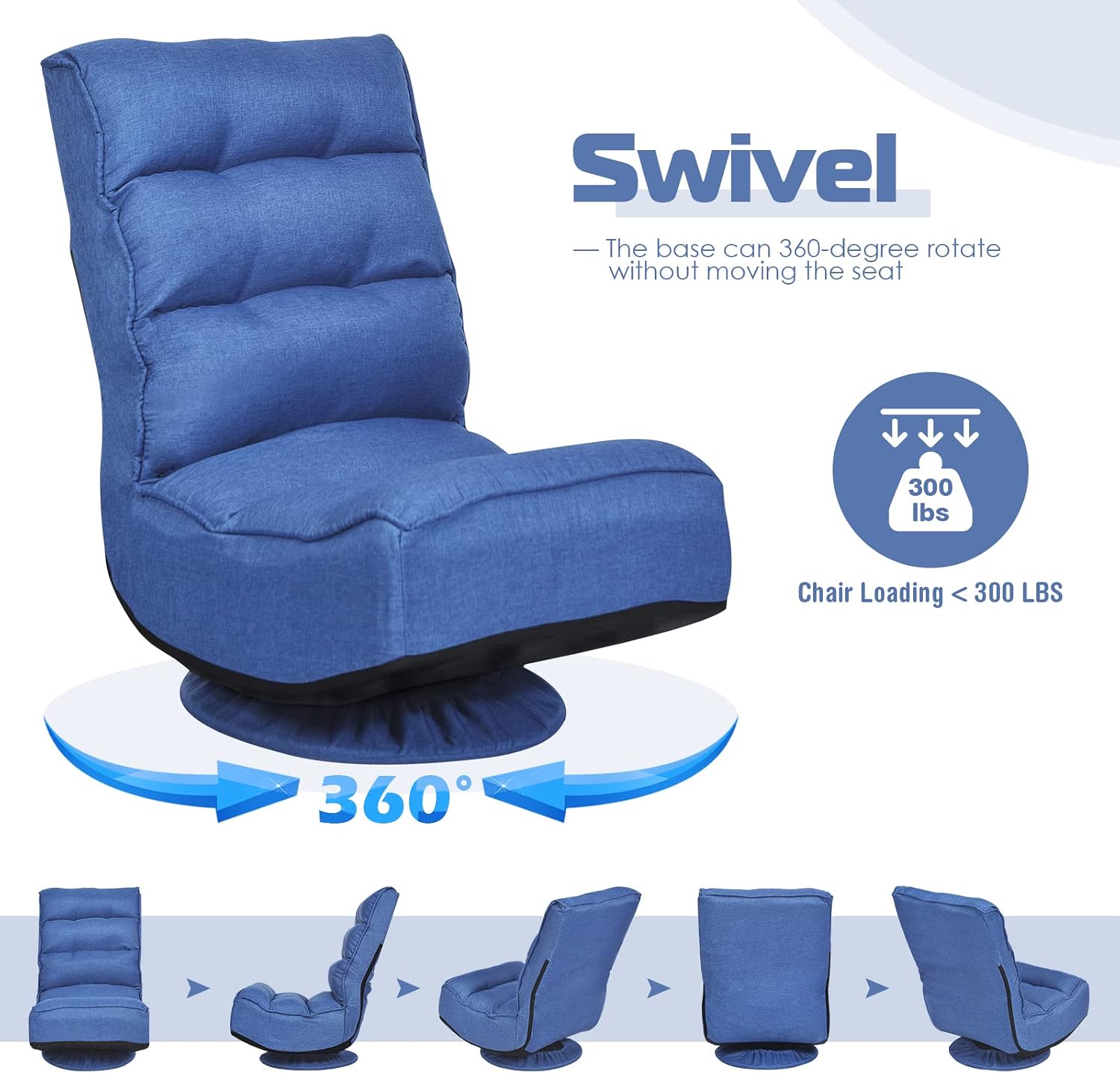COSTWAY Folding Floor Chair, Adjustable 5-Position Video Gaming Chair with 360 Degree Swivel, Detachable Cover, Padded Backrest, Multipurpose Living Room Floor Lounger for TV, Reading, Playing (Navy)