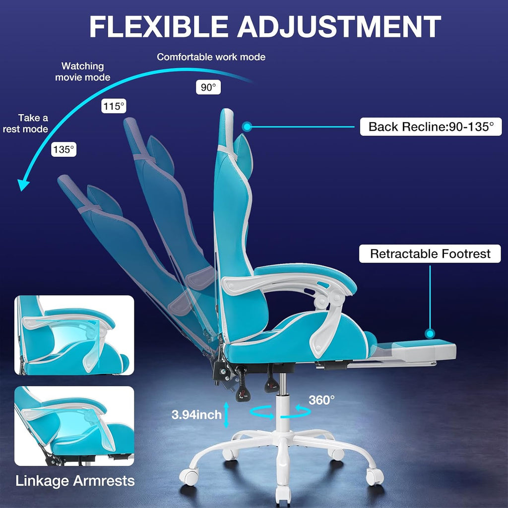 RGB Gaming Chair with LED Lights Massage Ergonomic Computer Gaming Chair High Back Video Game Chair with Footrest and Adjustable Lumbar Support Linkage Armrest Gamer Chairs for Adults Blue and White