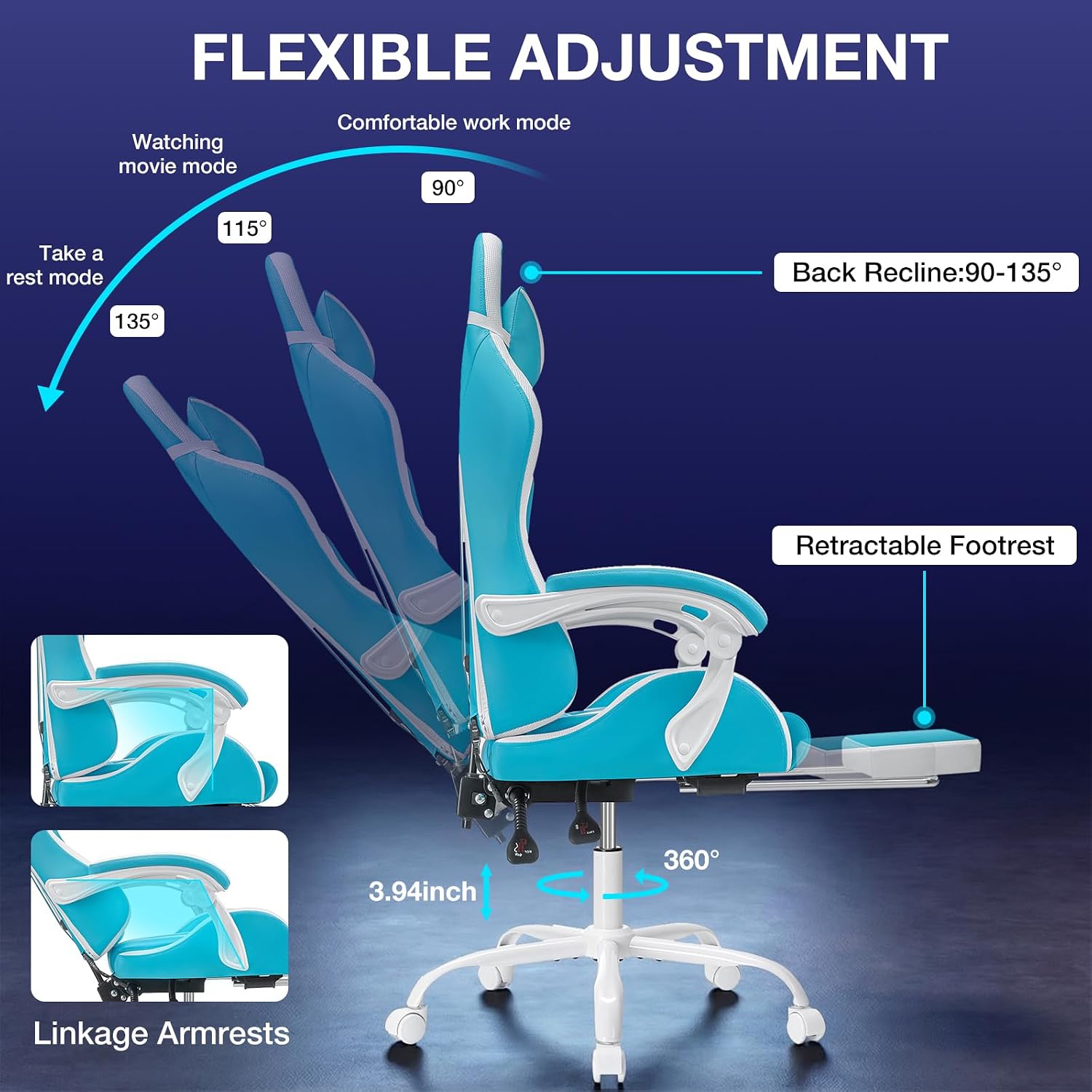 RGB Gaming Chair with LED Lights Massage Ergonomic Computer Gaming Chair High Back Video Game Chair with Footrest and Adjustable Lumbar Support Linkage Armrest Gamer Chairs for Adults Blue and White