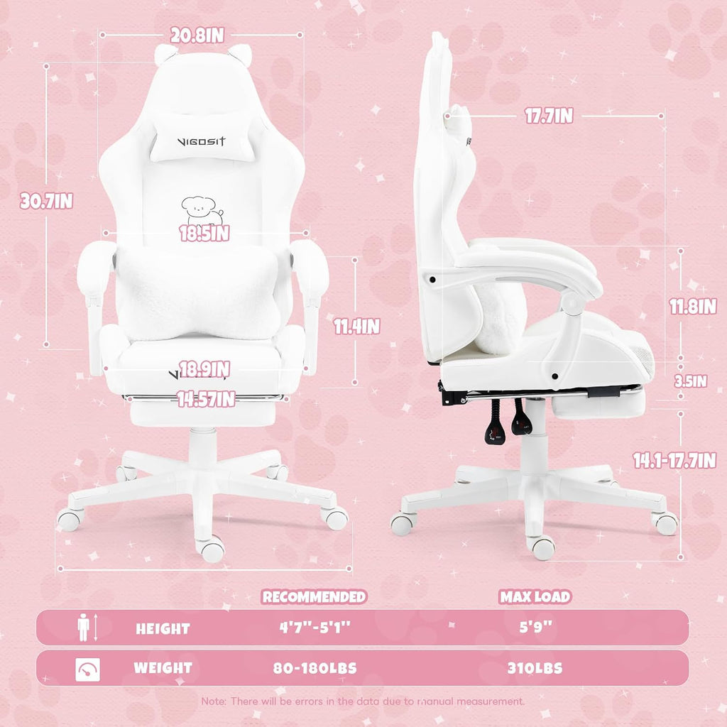 Vigosit Cute Cat Gaming Chair with Paw Lumbar Cushion, PC Video Gamer Chair for Girl Teen Woman (White)