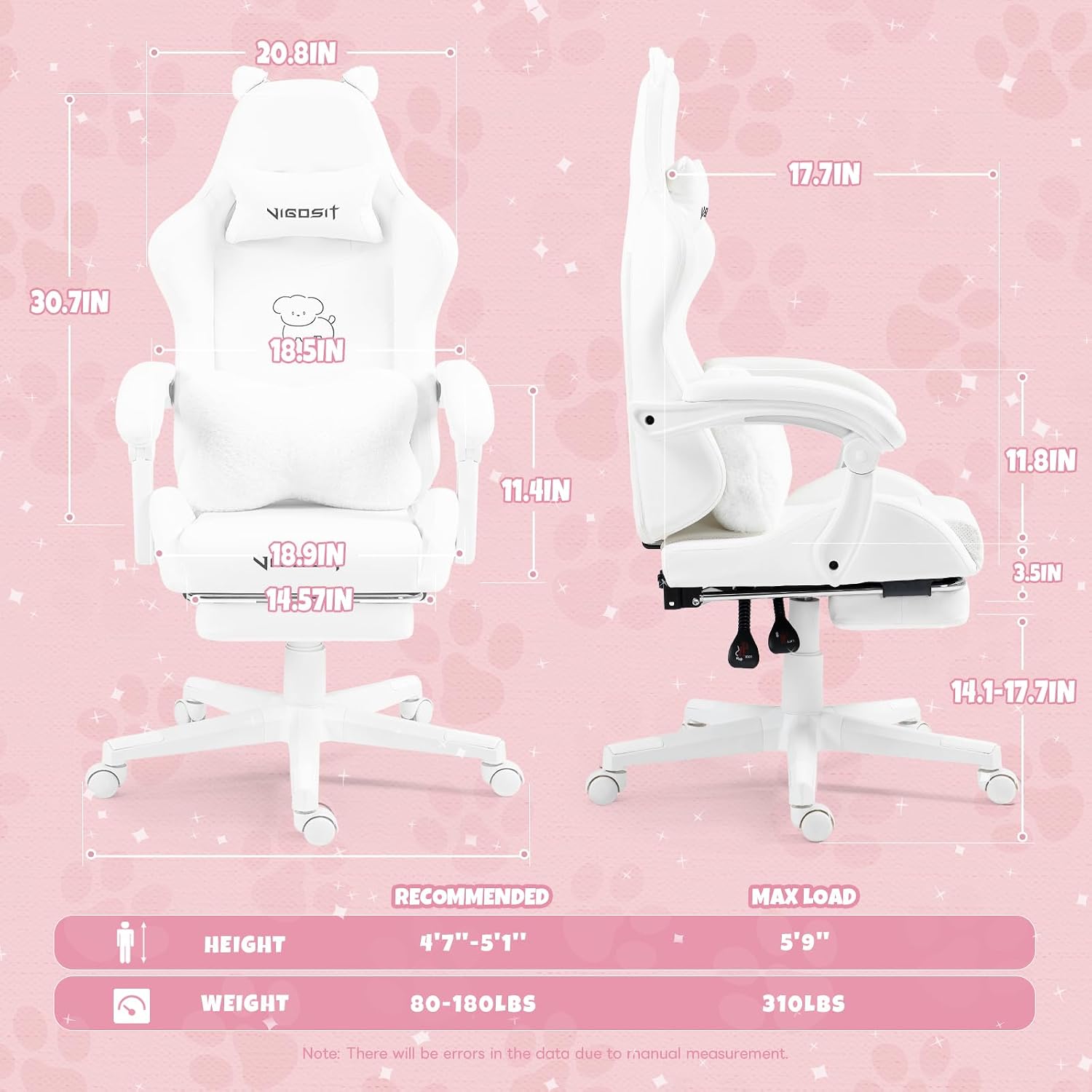 Vigosit White Dog Gaming Chair with Footrest, Ergonomic Cute Gamer Chair for Girls and Women, Comfortable Desk Computer Chair Adults Teens