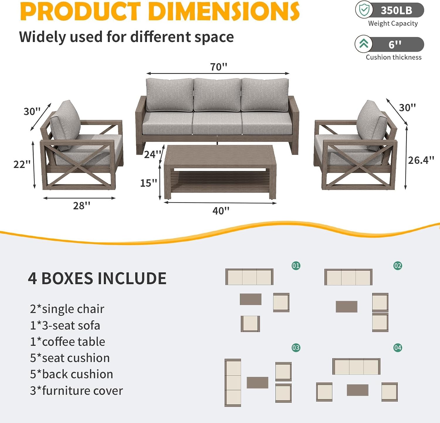 Amopatio Aluminum Patio Furniture Set, 6 Pieces Modern Metal Outdoor Furniture, Faux Wood Grain Finish Frame Patio Sofa Sets with 6' Cushion for Backyard, Beige