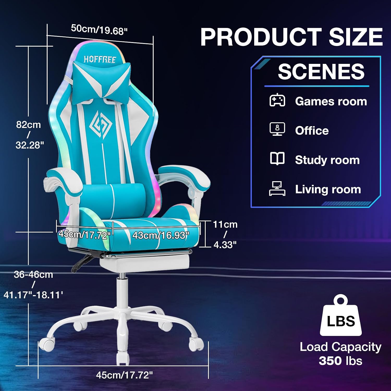 RGB Gaming Chair with LED Lights Massage Ergonomic Computer Gaming Chair High Back Video Game Chair with Footrest and Adjustable Lumbar Support Linkage Armrest Gamer Chairs for Adults Blue and White