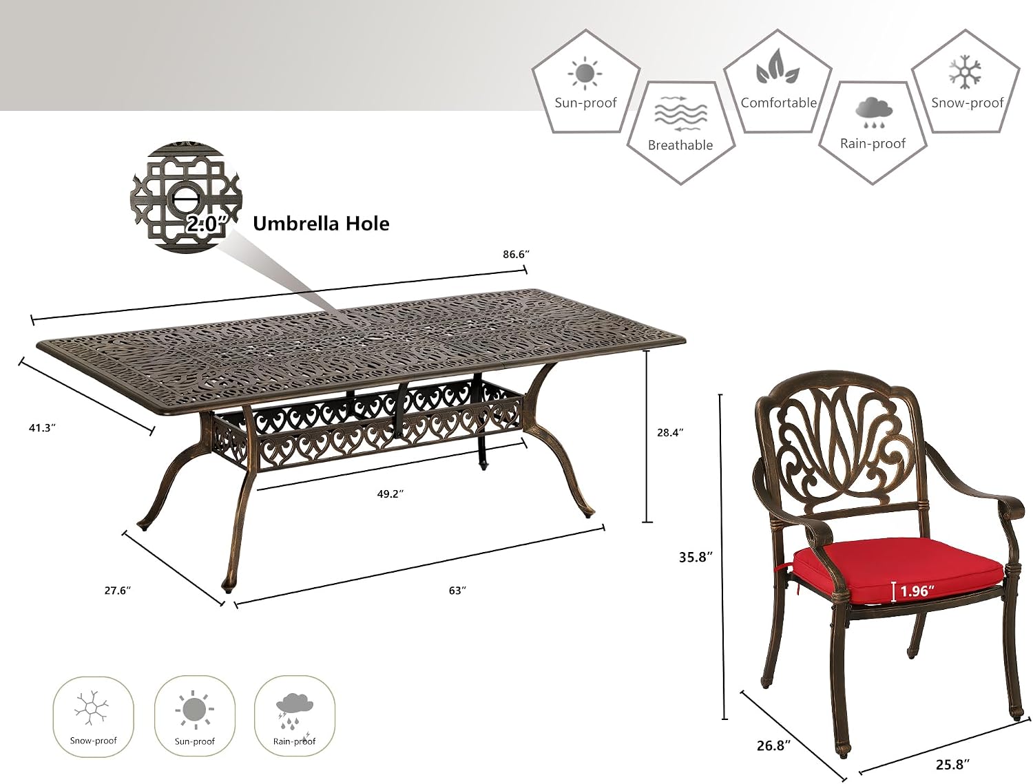 Grepatio 9 Piece Cast Aluminum Patio Furniture Set Outdoor Dining Set Bistro Furniture Set with 8 Armchairs and Dining Table, 8 Cushions for Backyard Garden Poolside (Red)