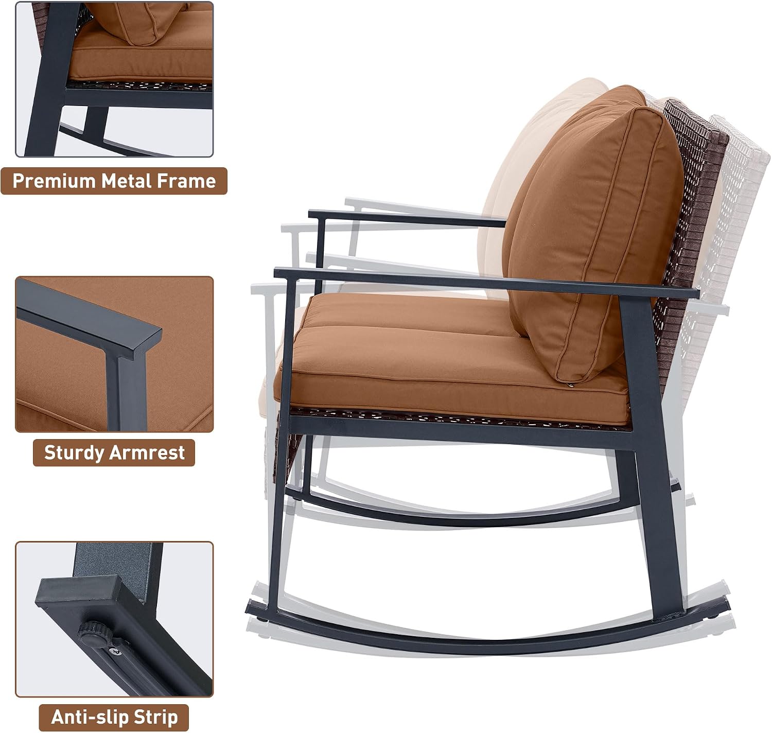 Ainfox Outdoor Wicker Loveseat Rocking Chair, Patio Rattan Rocker Chair with Cushions，All-Weather Modern Cozy Rocking Wicker Furniture for Garden Balcony Porch, Brown