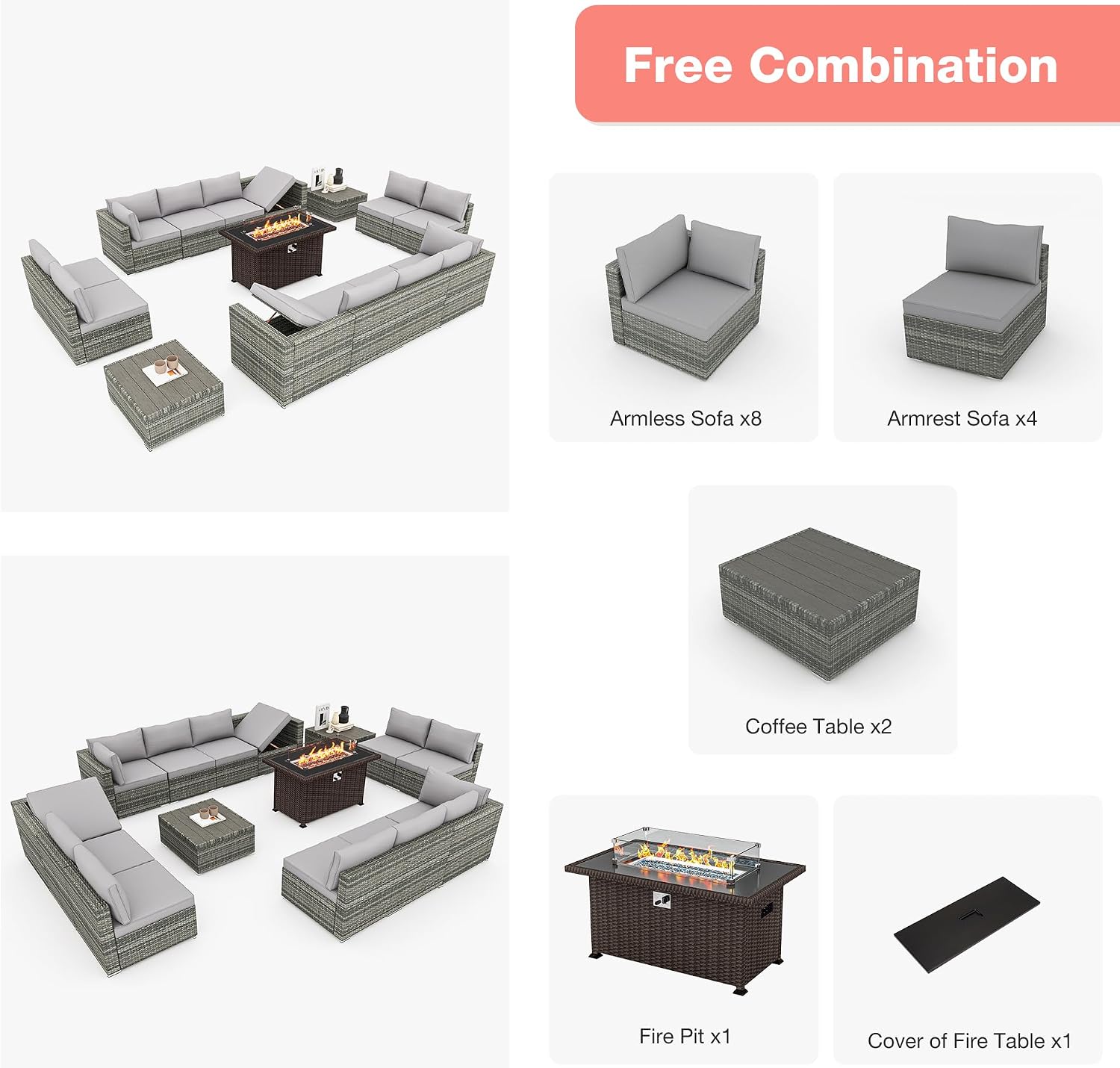 HOMREST 15 Pieces Outdoor Patio Furniture Set with 44' Propane Fire Pit Table, PE Rattan Sectional Sofa Conversation Set w/Adjustable Bracket, Wood Coffee Table for Backyard (Grey)
