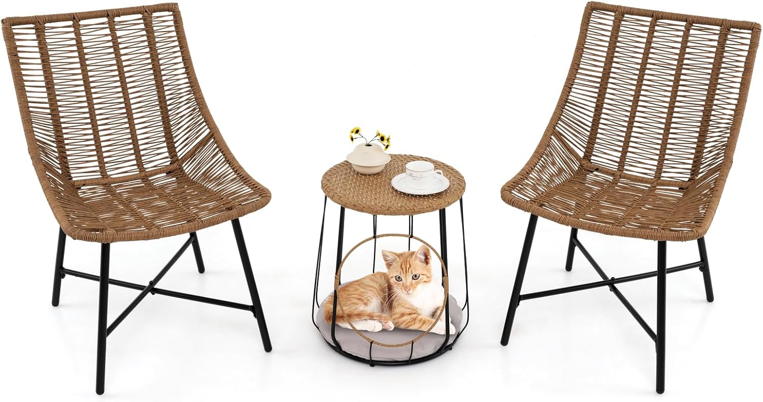 Tangkula 3 Pieces Outdoor Furniture Set with Pet House, Heavy Duty Metal Frame Patio Armless Chairs with Coffee Table, for Patio, Yard, Poolside, Garden (Light Brown)