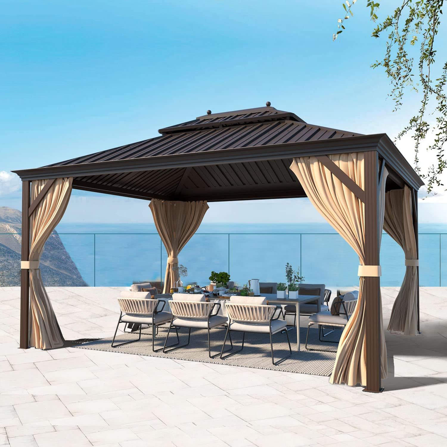 MELLCOM 10'x12' Hardtop Gazebo with Galvanized Steel Double Roof, Canopy Aluminum Frame, Curtains and Netting Included, Metal Outdoor Gazebos for Patios, Garden, Lawns, Parties
