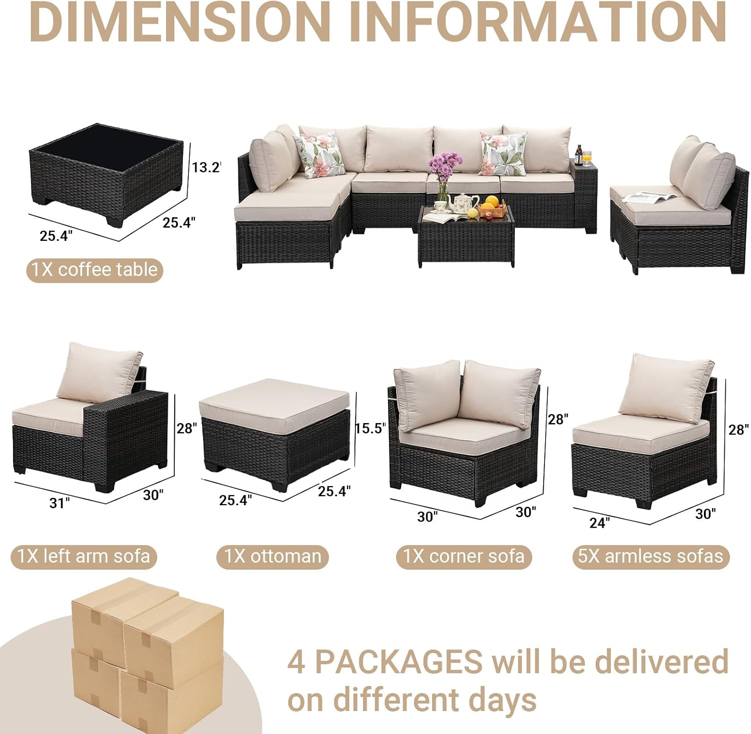 Jing's Villa 9-Piece Patio Furniture Set, All-Weather Outdoor Wicker Sectional Sofa with Cushions, Tempered Glass Table & Ottoman, Rattan Conversation Seating for Porch, Garden, Backyard,Beige