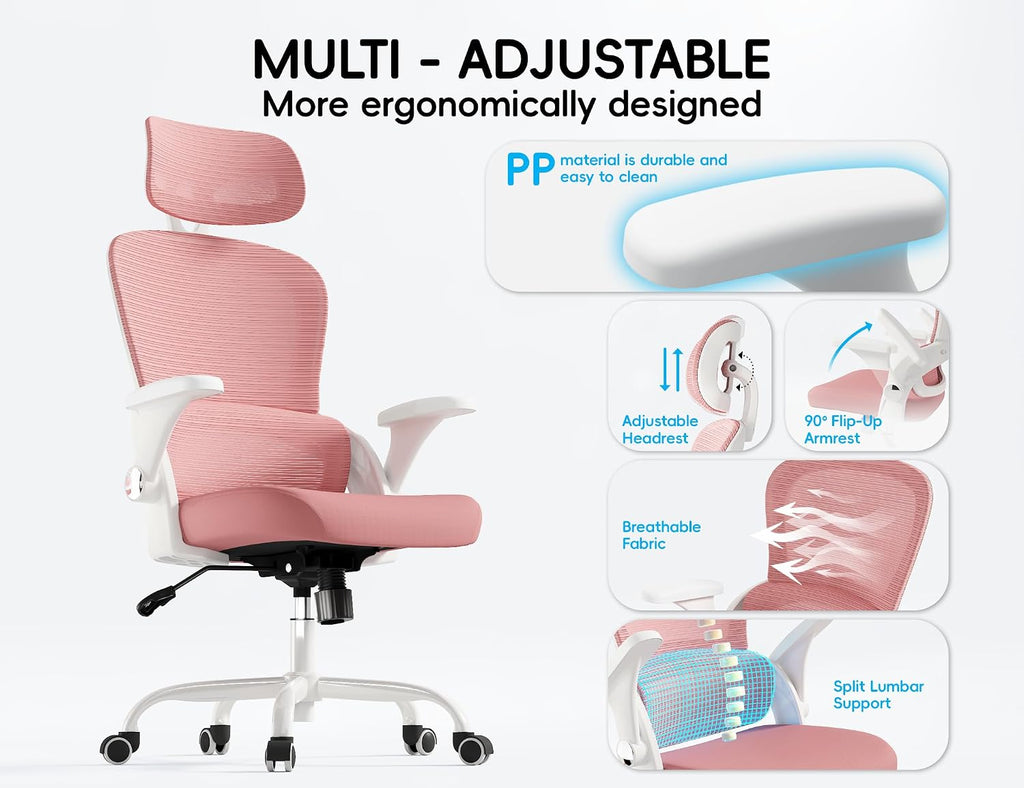 TRALT Office Chair - Ergonomic Office Chair with Back Support, Home Office Desk Chairs, 330lbs Wide Seat Big and Tall Office Chairs with Headrest, Comfy Desk Chairs (Pink)